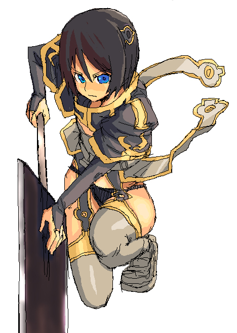 kurosho, kusharundo ato, ubel blatt, 1girl, blue eyes, brown hair, female focus, short hair, solo, sword, thighhighs, weapon