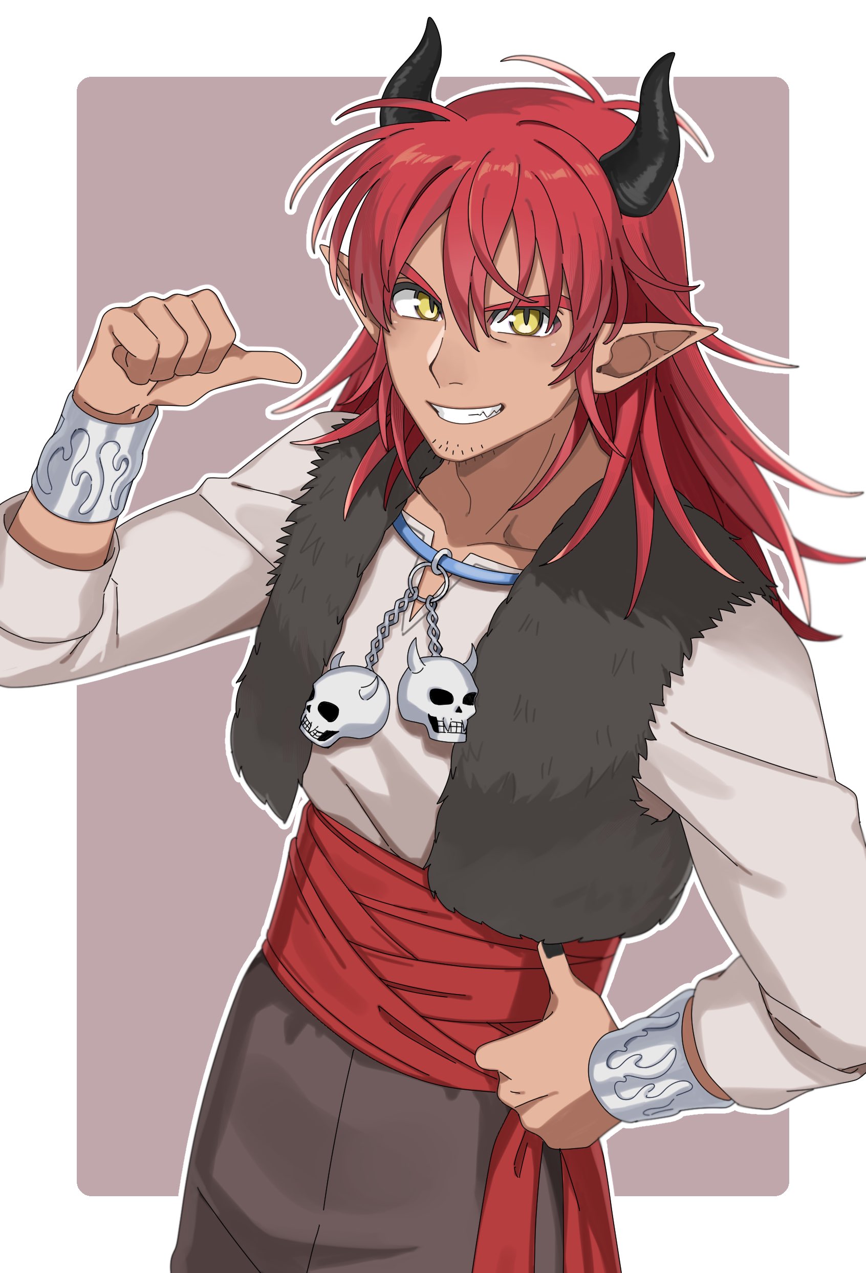 tachi ko lv y, yushuka (dragon quest), dragon quest, dragon quest x, absurdres, commentary request, highres, 1boy, black horns, black nails, border, bracelet, brown background, brown pants, collarbone, cowboy shot, dark-skinned male, dark skin, demon boy, facial hair, fangs, fur vest, grin, hand on own hip, horns, jewelry, long hair, looking at viewer, looking up, male focus, necklace, pants, pointing, pointing at self, pointing with thumb, pointy ears, red hair, red sash, sash, shirt, skull necklace, slit pupils, smile, solo, stubble, white border, white shirt, yellow eyes
