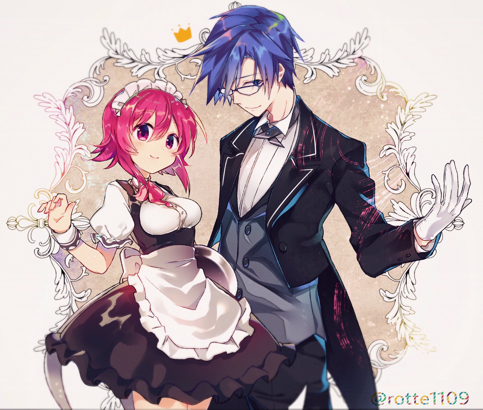 rotte (1109), miyashiro takuru, onoe serika, chaos;child, science adventure, highres, 1boy, 1girl, alternate costume, apron, blue eyes, blue hair, blush, bow, breasts, butler, closed mouth, dress, enmaided, frills, gloves, hair between eyes, hair ornament, long sleeves, looking at viewer, maid, maid apron, maid headdress, pink eyes, pink hair, puffy sleeves, shirt, short hair, short sleeves, shy smile, simple background, small breasts, smile, standing, thighs, white apron, white shirt, wrist cuffs