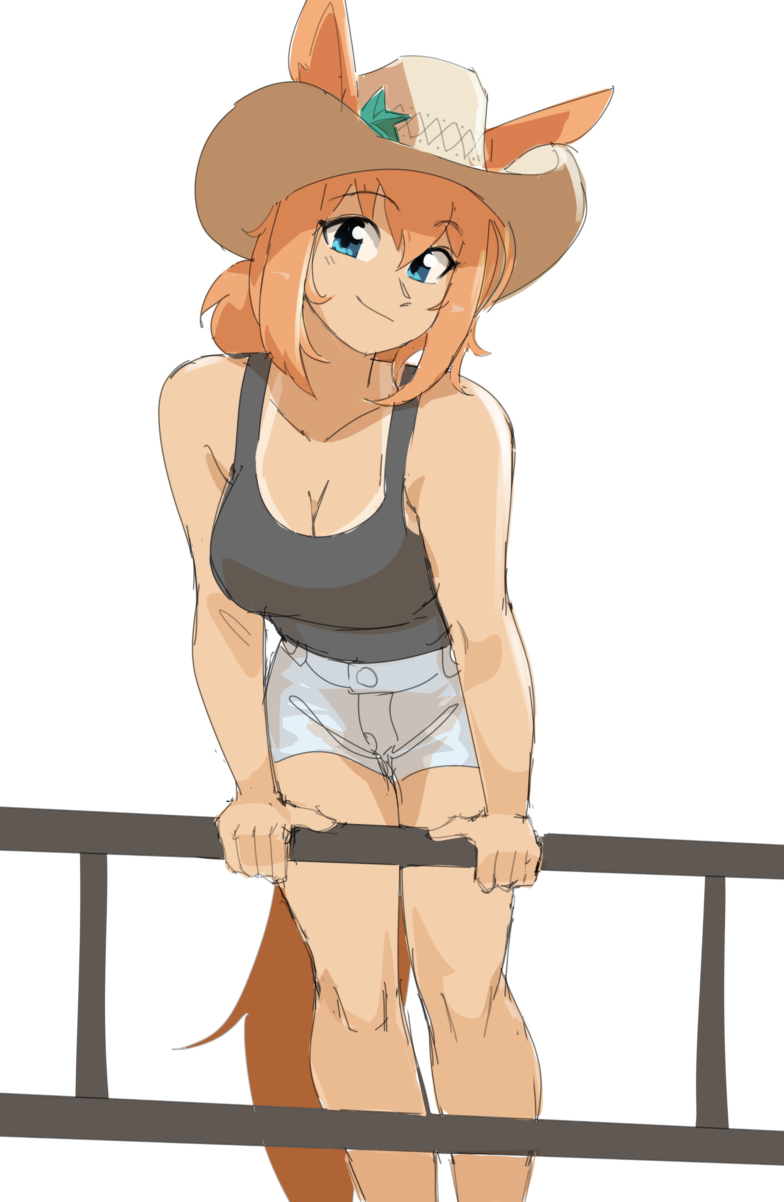 vee (427deer), taiki shuttle (umamusume), umamusume, absurdres, highres, 1girl, alternate costume, animal ears, bare shoulders, black tank top, blue eyes, breasts, brown hair, cleavage, closed mouth, collarbone, ears through headwear, feet out of frame, hair ornament, hand on railing, horse ears, horse girl, horse tail, large breasts, looking at viewer, medium hair, shorts, smile, solo, star (symbol), star hair ornament, tail, tank top, thighs, white shorts