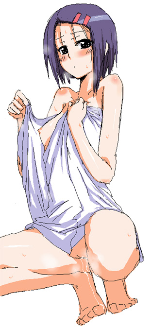 kurosho, sairenji haruna, to love-ru, 00s, 1girl, barefoot, bottomless, breasts, feet, female focus, naked towel, nipples, oekaki, open towel, pussy, pussy juice, solo, squatting, sweat, towel, uncensored