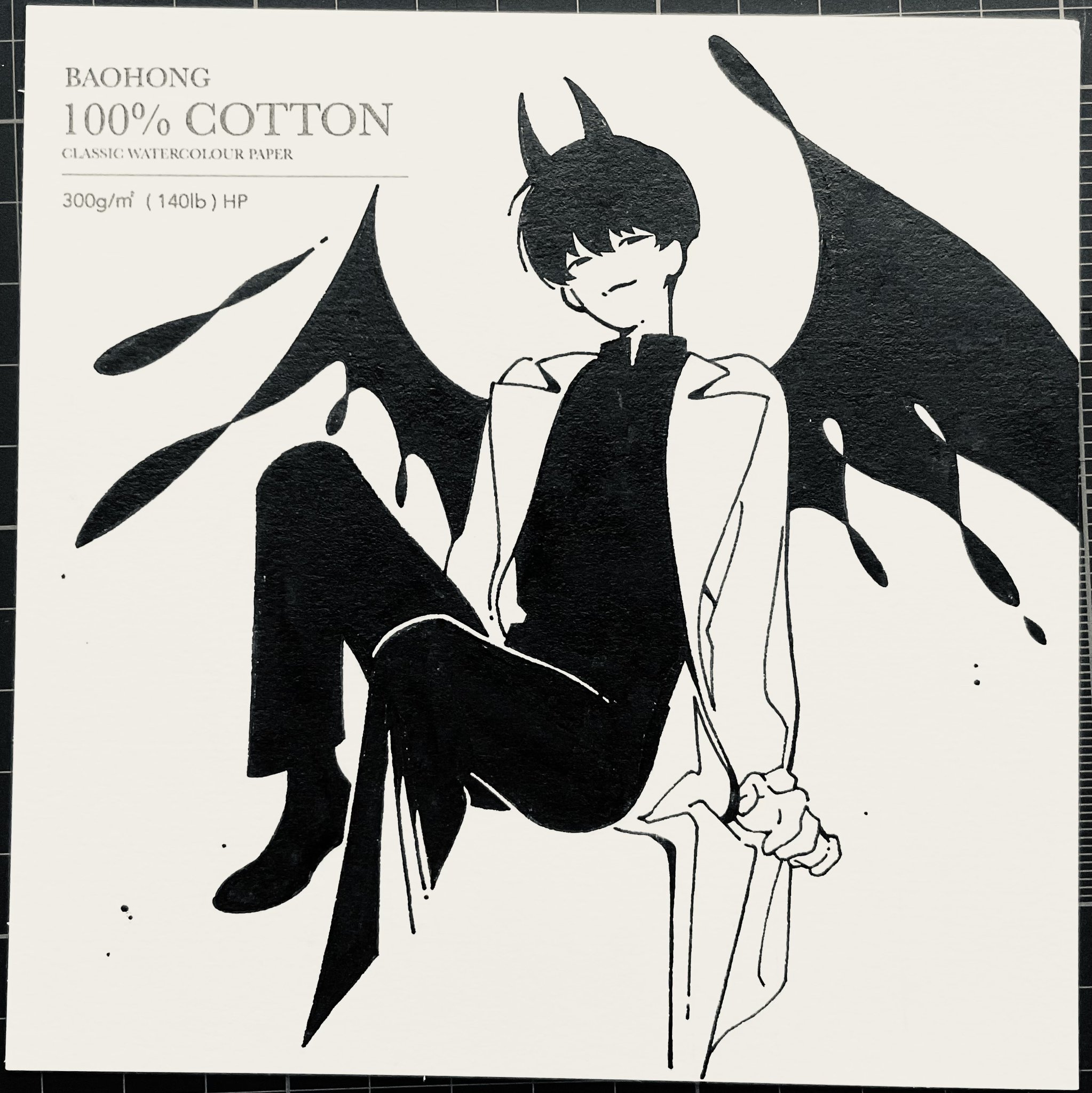 kim dokja, omniscient reader's viewpoint, highres, photo (medium), 1boy, benkdjjituibot, black eyes, black hair, black shirt, coat, demon horns, demon wings, english text, foot out of frame, head tilt, horns, looking at viewer, male focus, official alternate costume, open clothes, open coat, shirt, short hair, smirk, solo, white coat, wings