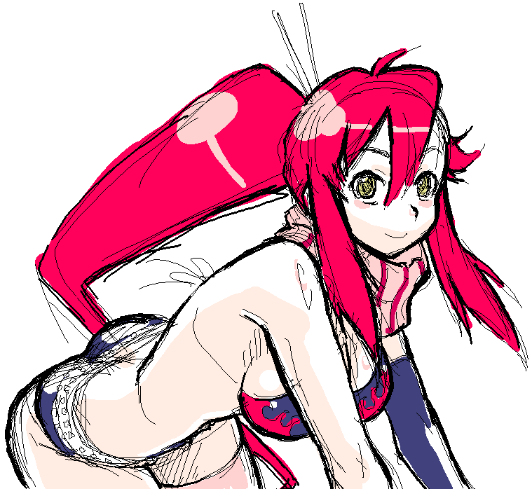 murata (acid-head), yoko littner, tengen toppa gurren lagann, 00s, 1girl, belt, bikini, bikini top only, breasts, closed mouth, cowboy shot, female focus, flame print, gloves, hair between eyes, hair ornament, hair stick, large breasts, leaning forward, long hair, midriff, pink thighhighs, ponytail, red hair, scarf, shorts, simple background, single glove, sketch, smile, solo, swimsuit, thighhighs, white background, yellow eyes