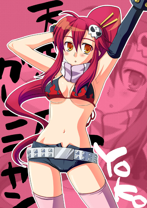 kusata murasaki, yoko littner, tengen toppa gurren lagann, 00s, bikini, bikini top only, short shorts, shorts, solo, swimsuit, thighhighs
