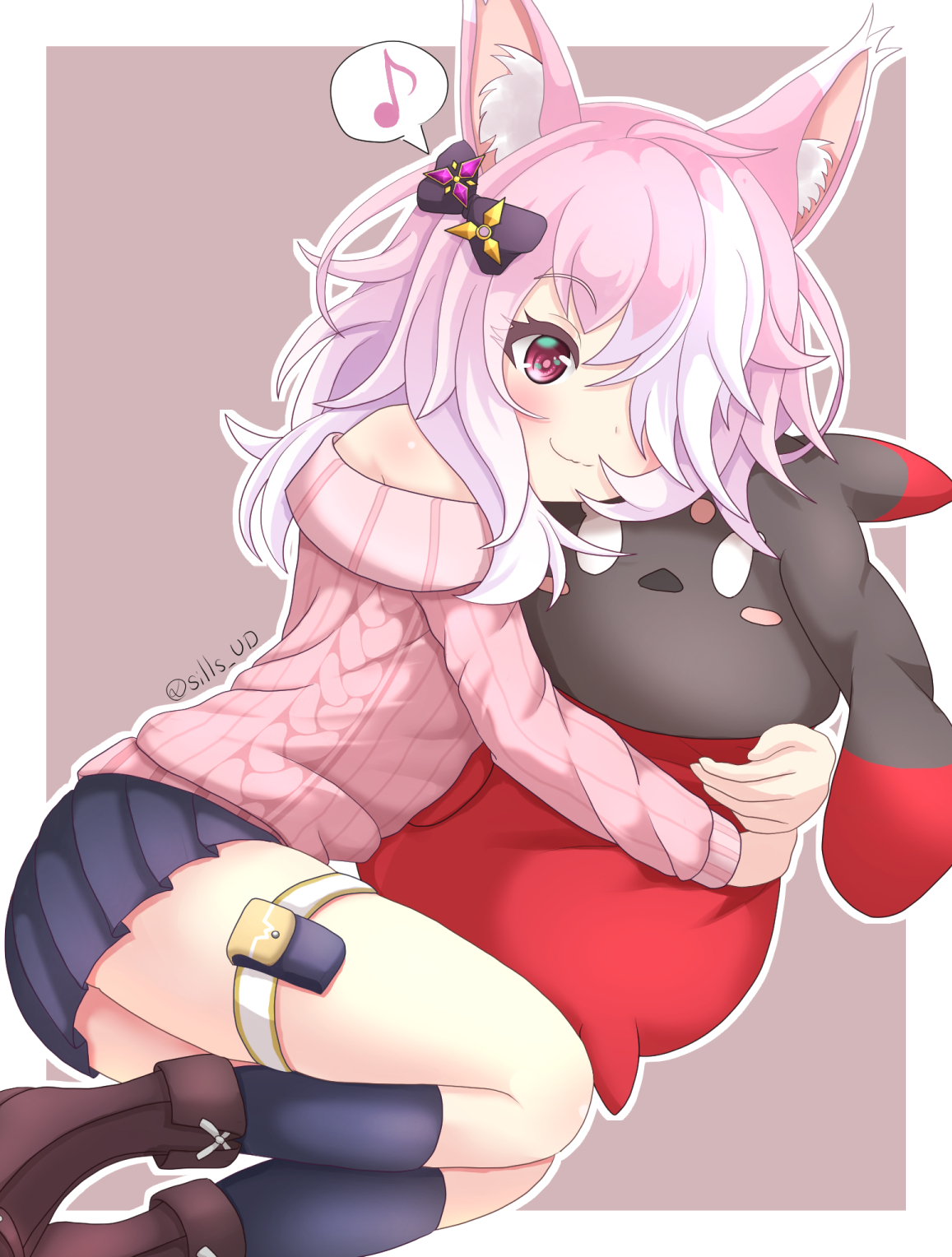 sills, original, highres, 1girl, animal ear fluff, animal ears, aran sweater, bare shoulders, blue skirt, blue socks, blush, boots, border, brown background, brown boots, cable knit, closed mouth, eighth note, fold-over boots, hair over one eye, hugging object, long sleeves, multicolored hair, musical note, off-shoulder sweater, off shoulder, outline, pink hair, pink sweater, pleated skirt, red eyes, ribbed sweater, skirt, smile, socks, solo, spoken musical note, stuffed toy, sweater, two-tone hair, white border, white hair, white outline