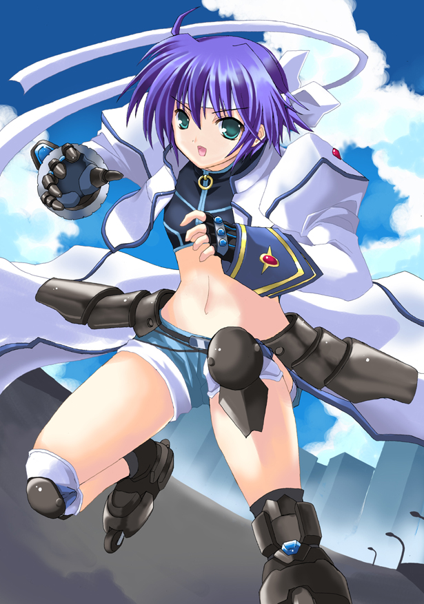 karamiti, mach caliber, revolver knuckle, subaru nakajima, lyrical nanoha, mahou shoujo lyrical nanoha, mahou shoujo lyrical nanoha strikers, 00s, 1girl, armor, blue hair, denim, denim shorts, female focus, fingerless gloves, gloves, green eyes, headband, inline skates, jacket, knee pads, midriff, navel, outdoors, roller skates, short hair, shorts, skates, sky, solo