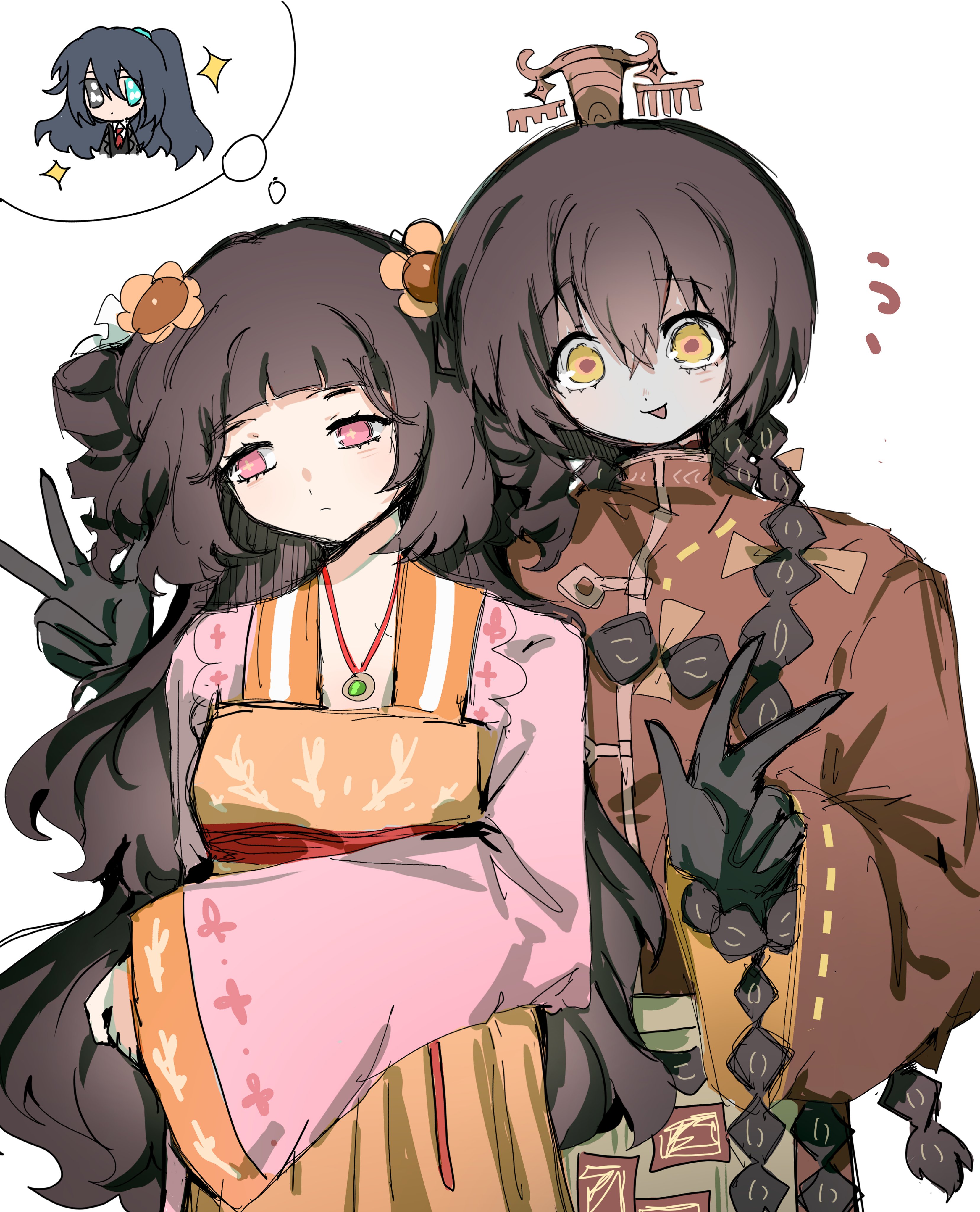 hong lu (project moon), xue baochai (project moon), limbus company, project moon, absurdres, highres, 1boy, 1girl, bow, braid, breasts, brown hair, chinese clothes, cleavage, colored skin, drill hair, flower, grey skin, guan hat, hair bow, hair flower, hair ornament, hanfu, jade pendant, jewelry, long hair, long sleeves, looking at viewer, multiple braids, necklace, orange bow, orange hanfu, pink hanfu, qixiong ruqun, red sash, sash, siblings, simple background, smile, standing, thinking, twin drills, upper body, v, wanshenggaoshi, white background, xue pan (project moon), yellow eyes