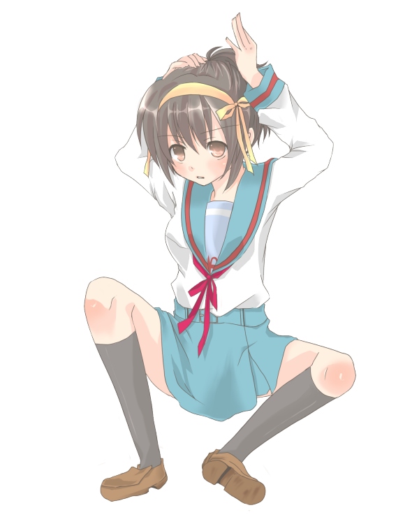 hizu, ichiya (obey), suzumiya haruhi, suzumiya haruhi no yuuutsu, 00s, 1girl, alternate hairstyle, brown hair, female focus, official alternate hairstyle, ponytail, school uniform, serafuku, short hair, simple background, sitting, solo