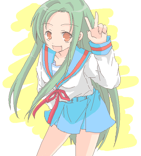 hizu, ichiya (obey), tsuruya, suzumiya haruhi no yuuutsu, lowres, 00s, 1girl, female focus, long hair, open mouth, school uniform, serafuku, solo, v, very long hair