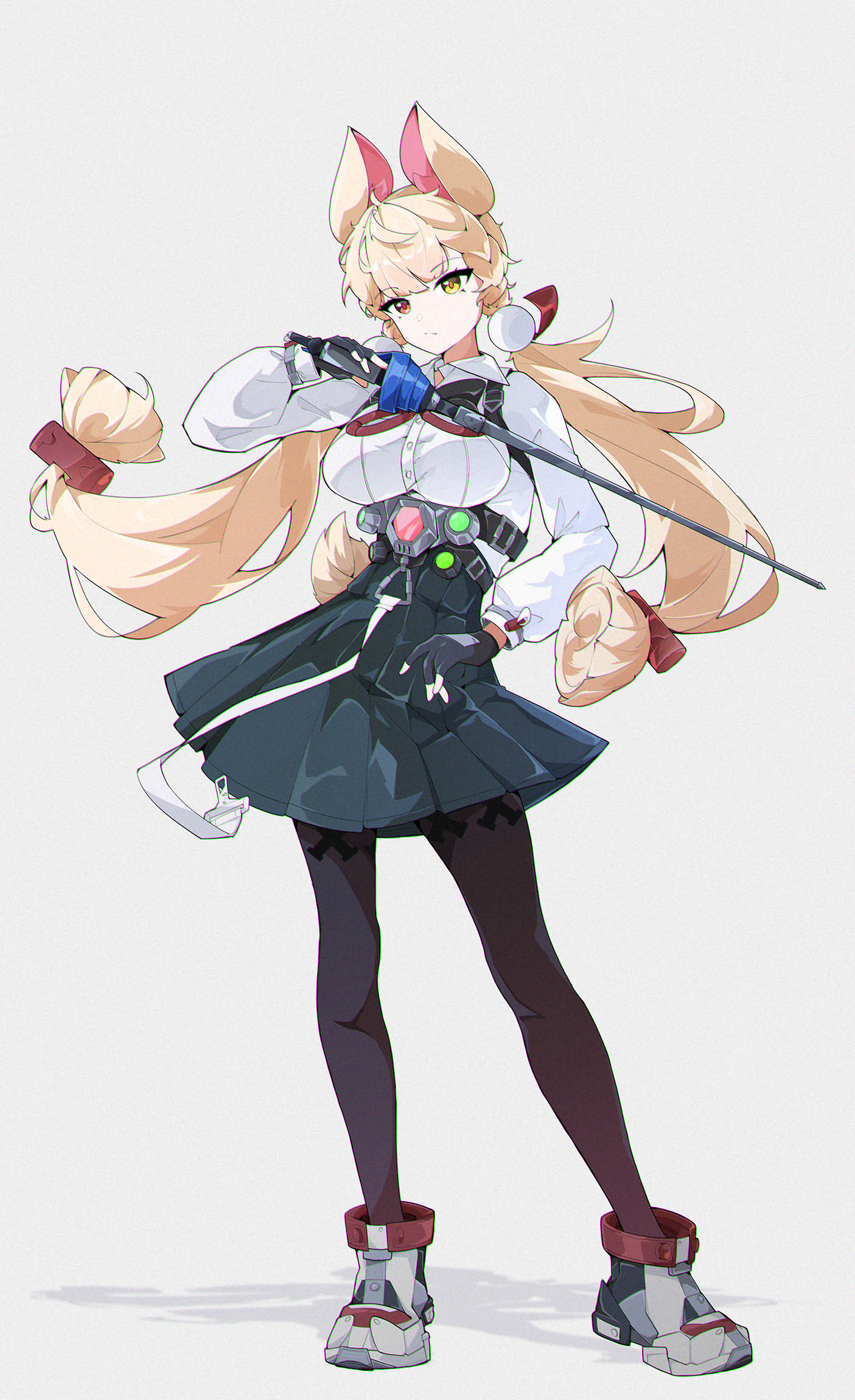 postalworks, alice thymefield, zenless zone zero, highres, 1girl, animal ears, black gloves, black pantyhose, blonde hair, closed mouth, collared shirt, fingerless gloves, gloves, green skirt, heterochromia, holding, holding sword, holding weapon, long hair, looking at viewer, low twintails, pantyhose, rabbit ears, rabbit girl, red eyes, shirt, shoes, skirt, solo, sword, twintails, very long hair, weapon, white shirt, white shoes, yellow eyes