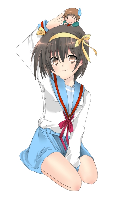 hizu, ichiya (obey), kyon, suzumiya haruhi, suzumiya haruhi no yuuutsu, 00s, 1boy, 1girl, brown hair, school uniform, serafuku, short hair, simple background, sitting, sweatdrop