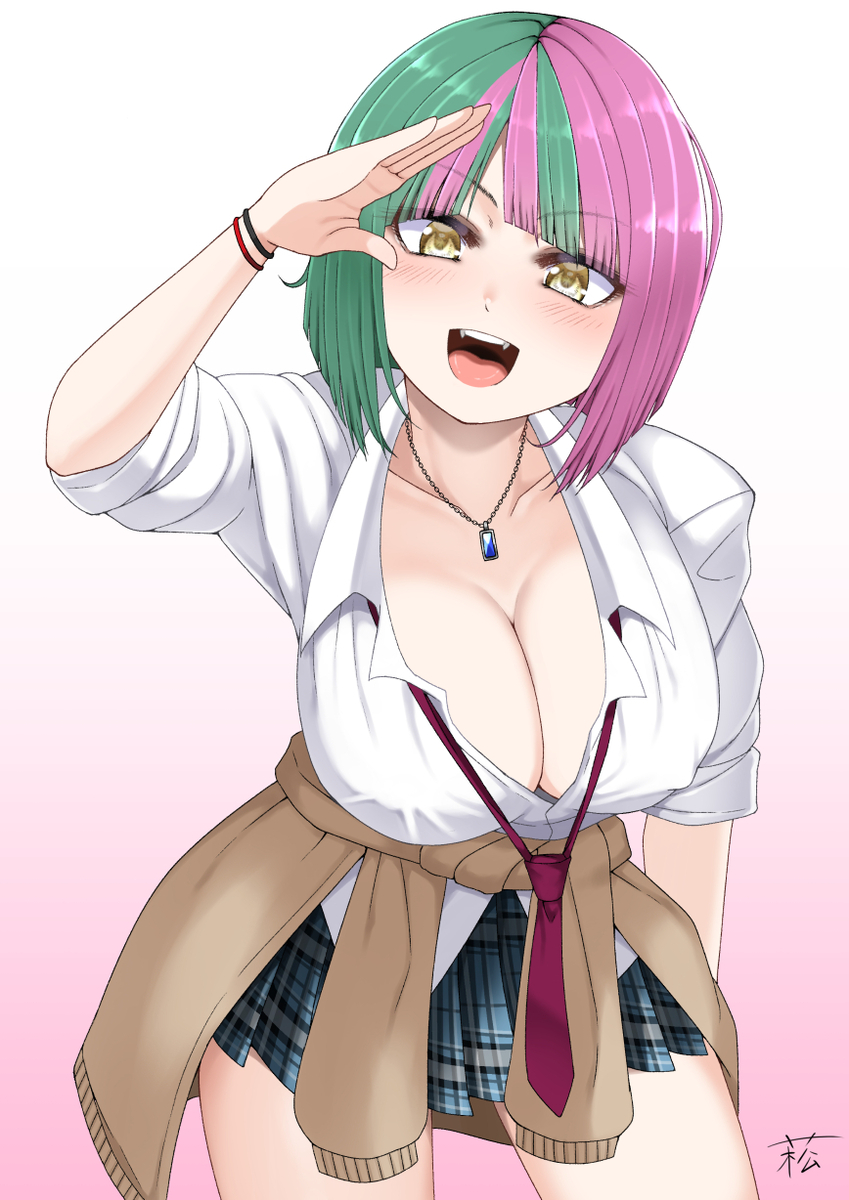 helly lewis, dolphin wave, highres, 1girl, artist name, blue skirt, blush, bob cut, breasts, brown cardigan, cardigan, cleavage, collarbone, diagonal bangs, dress shirt, green hair, large breasts, looking at viewer, loose necktie, multicolored hair, necktie, open mouth, partially unbuttoned, pink background, pink hair, plaid clothes, plaid skirt, red necktie, shirt, skirt, smile, split-color hair, standing, tactics suzuna, thigh gap, white shirt, yellow eyes