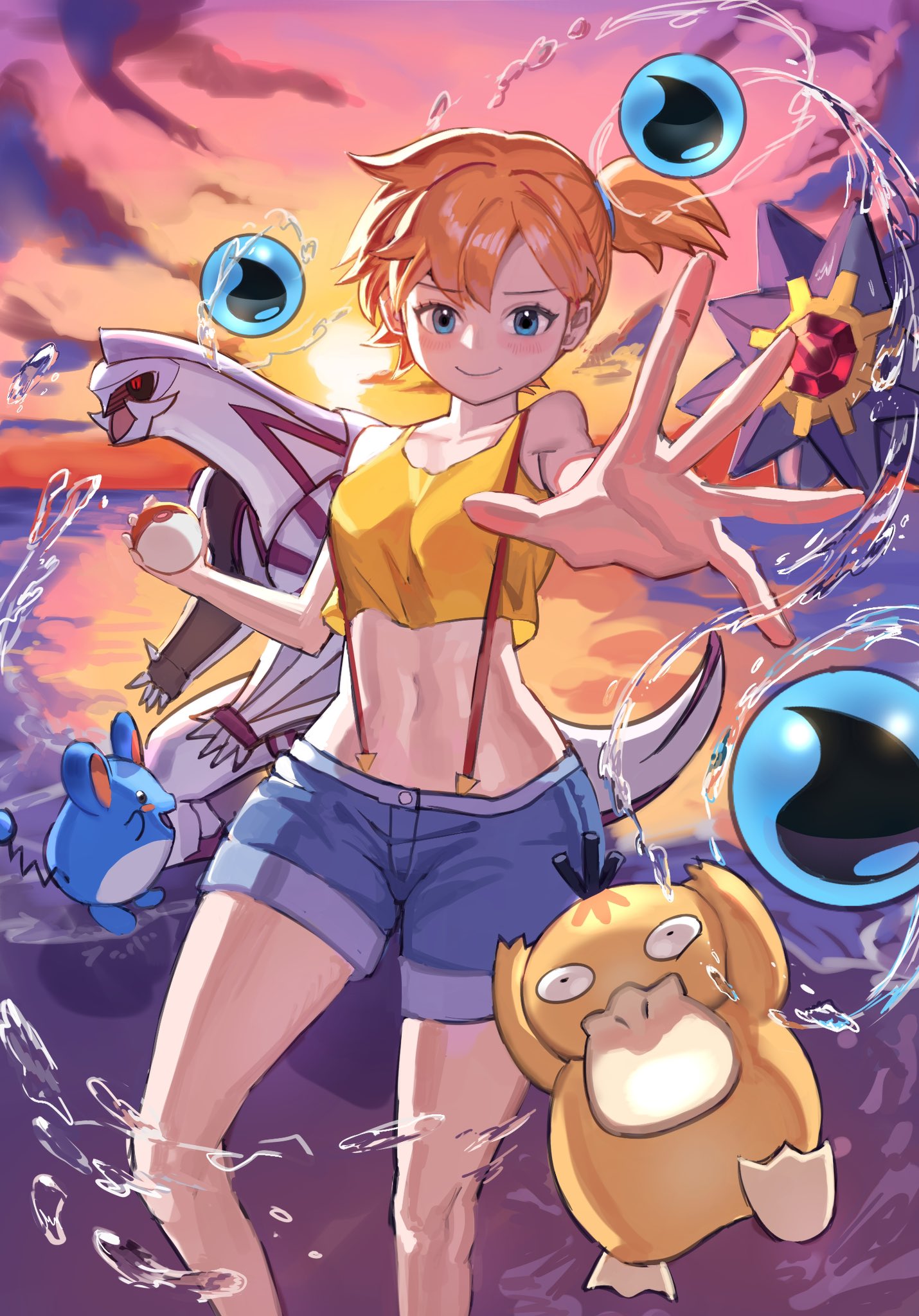 marill, misty (pokemon), palkia, psyduck, starmie, nintendo, pokemon, pokemon (anime), pokemon (classic anime), 1girl, bare arms, bare shoulders, blue eyes, blue shorts, blush, breasts, closed mouth, cloud, collarbone, crop top, denim, denim shorts, eyelashes, gen 1 pokemon, gen 2 pokemon, gen 4 pokemon, hair tie, holding, holding poke ball, legendary pokemon, looking at viewer, midriff, navel, ocean, orange hair, outdoors, outstretched arm, outstretched hand, poke ball, poke ball (basic), ponytail, shirt, short hair, short shorts, shorts, side ponytail, sky, sleeveless, sleeveless shirt, smile, spread fingers, standing, sunset, suspender shorts, suspenders, tank top, water, yellow shirt, yellow tank top