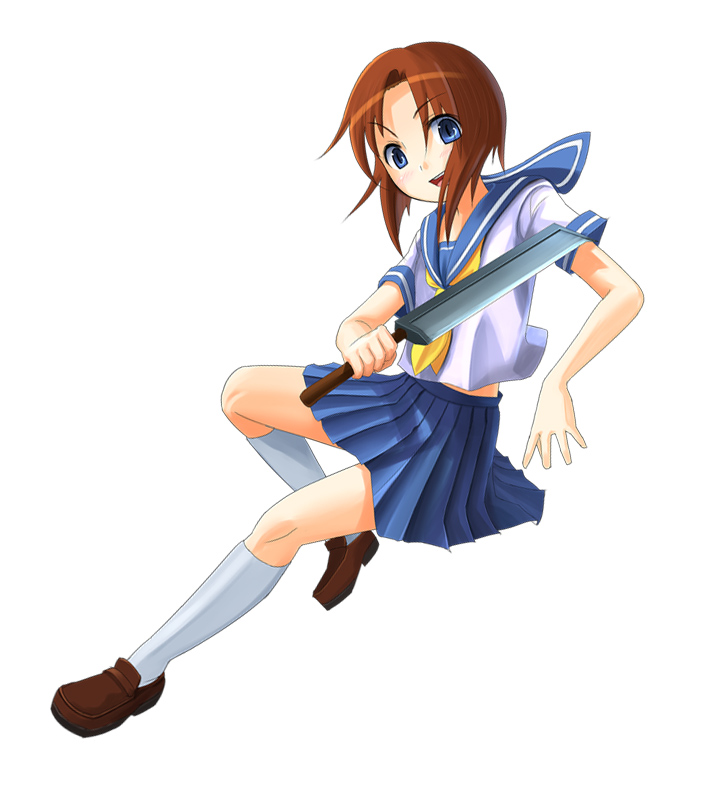 patorishia, patricia (stylish marunage), ryuuguu rena, higurashi no naku koro ni, 00s, 1girl, billhook, blue eyes, brown hair, crazy eyes, female focus, hashitsuki nata, hatchet, jump back pose, jumping, looking back, nata (tool), school uniform, serafuku, solo