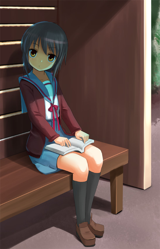 patorishia, patricia (stylish marunage), nagato yuki, suzumiya haruhi no yuuutsu, 00s, 1girl, book, cadrigan, cardigan, female focus, school uniform, serafuku, sitting, solo