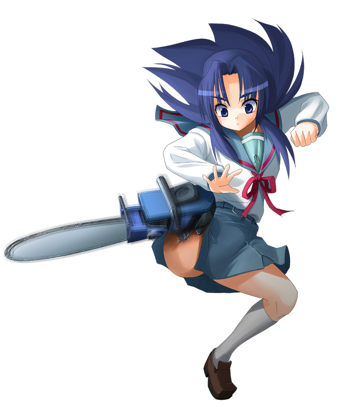 patorishia, patricia (stylish marunage), asakura ryoko, suzumiya haruhi no yuuutsu, 00s, 1girl, blue eyes, blue hair, chainsaw, female focus, full body, kneehighs, loafers, long hair, long sleeves, matching hair/eyes, red ribbon, ribbon, school uniform, serafuku, shoes, sidelocks, simple background, socks, solo, surprised, very long hair, white background, white socks