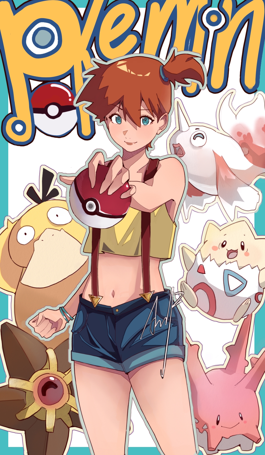 goldeen, magikarp, misty (pokemon), psyduck, staryu, togepi, nintendo, pokemon, pokemon (anime), pokemon (classic anime), 1girl, aqua eyes, bare arms, blue eyes, blue shorts, clenched hand, closed mouth, crop top, denim, denim shorts, eyelashes, gen 1 pokemon, gen 2 pokemon, green eyes, hair between eyes, hair tie, holding, holding poke ball, horns, looking at viewer, midriff, navel, orange hair, poke ball, poke ball (basic), pokemon (creature), ponytail, shirt, short hair, short shorts, shorts, side ponytail, single horn, sleeveless, sleeveless shirt, smile, suspender shorts, suspenders, yellow shirt