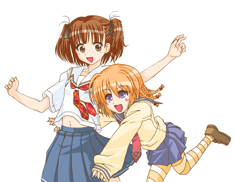 raamen, aihara nana, kanisawa kinu, kimi kiss, tsuyokiss, striped legwear, 2girls, :d, blue eyes, brown eyes, brown hair, cowboy shot, crossover, hug, hug from behind, long sleeves, multiple girls, neckerchief, open mouth, outstretched arms, pantyhose, pleated skirt, school uniform, serafuku, short hair, skirt, smile, striped clothes, striped pantyhose, sweater, twintails, yuri
