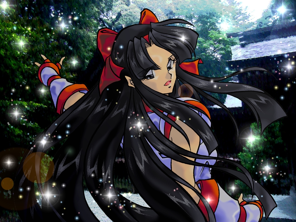 nakoruru, samurai spirits, snk, the king of fighters, highres, 1girl, ainu clothes, armpits, black eyes, black hair, breasts, fingerless gloves, from behind, gloves, hair ribbon, long hair, looking at viewer, looking back, medium breasts, open mouth, ribbon, sideboob, smile, solo, tongue