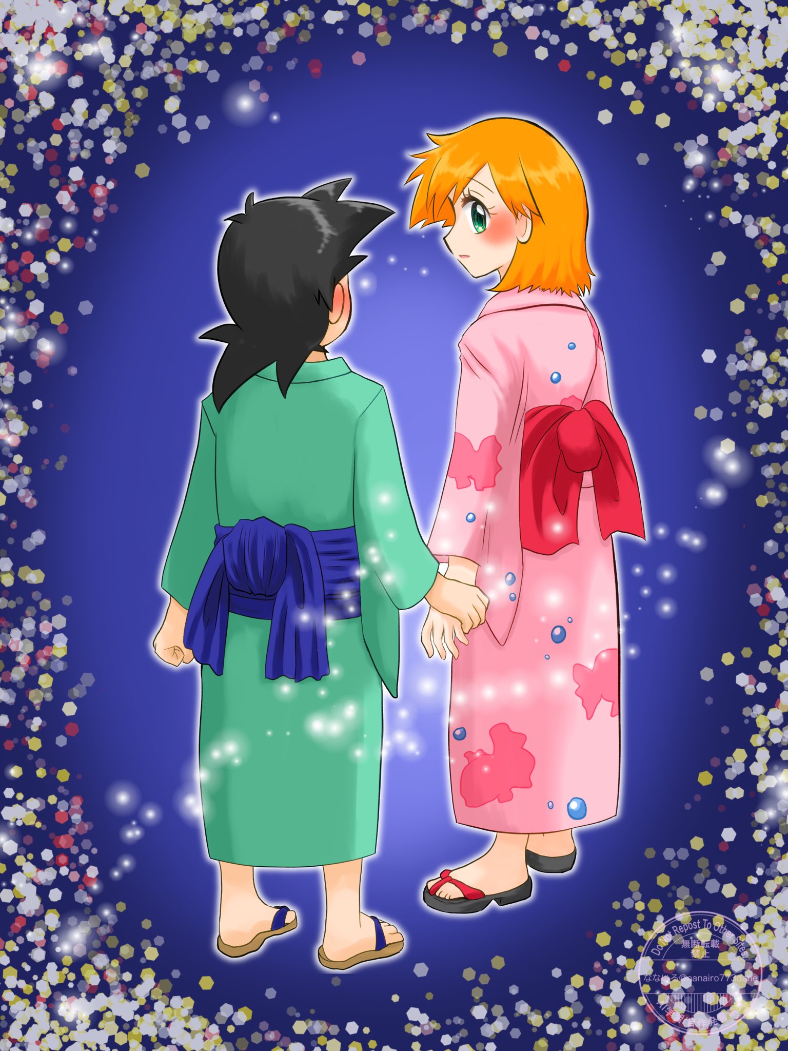 ash ketchum, misty (pokemon), nintendo, pokemon, pokemon (anime), pokemon (classic anime), 1boy, 1girl, alternate costume, alternate hairstyle, black hair, blush, couple, from behind, green eyes, hetero, holding hands, japanese clothes, kimono, looking back, orange hair, pink kimono, sandals, short hair, yukata