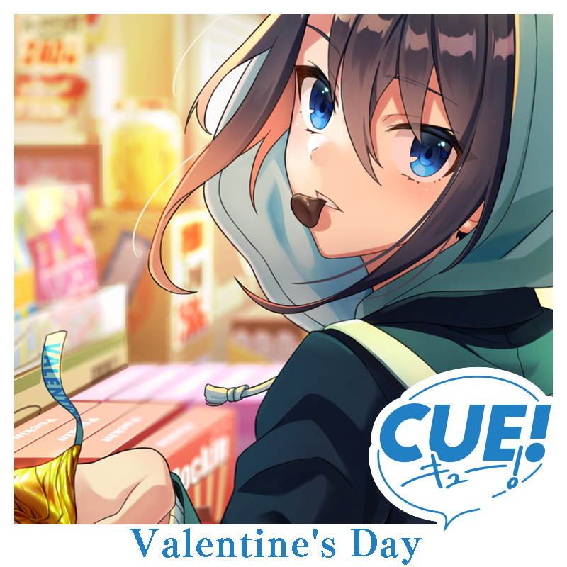 shirako miso, takatori maika, cue!, official art, 1girl, bag, black hair, blue eyes, blush, box, box of chocolates, chocolate, copyright logo, eating, english text, food, from behind, green hood, green jacket, hood, hood up, jacket, long sideburns, long sleeves, looking at viewer, shelf, shop, shoulder bag, sideburns, sidelocks, solo, tsurime, upper body, valentine, white bag