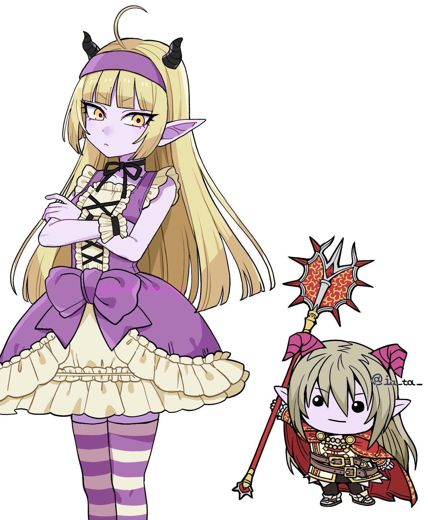 tachi ko lv y, azbar (dragon quest), rinverry, dragon quest, dragon quest x, commentary request, highres, 1boy, 1girl, ahoge, black bow, black choker, black horns, black pants, blonde hair, blunt bangs, blunt ends, bow, bow choker, cape, chibi, chibi inset, choker, colored skin, cross-laced clothes, cross-laced dress, crossed arms, demon boy, demon girl, dress, dress bow, frilled dress, frilled wrist cuffs, frills, hairband, holding, holding staff, horizontal-striped thighhighs, horns, lolita fashion, long hair, looking at another, looking to the side, multicolored dress, pants, pink horns, pointy ears, purple bow, purple dress, purple hairband, purple skin, purple thighhighs, red cape, staff, striped clothes, striped thighhighs, thighhighs, white background, white dress, white thighhighs, wrist cuffs, yellow eyes, zettai ryouiki