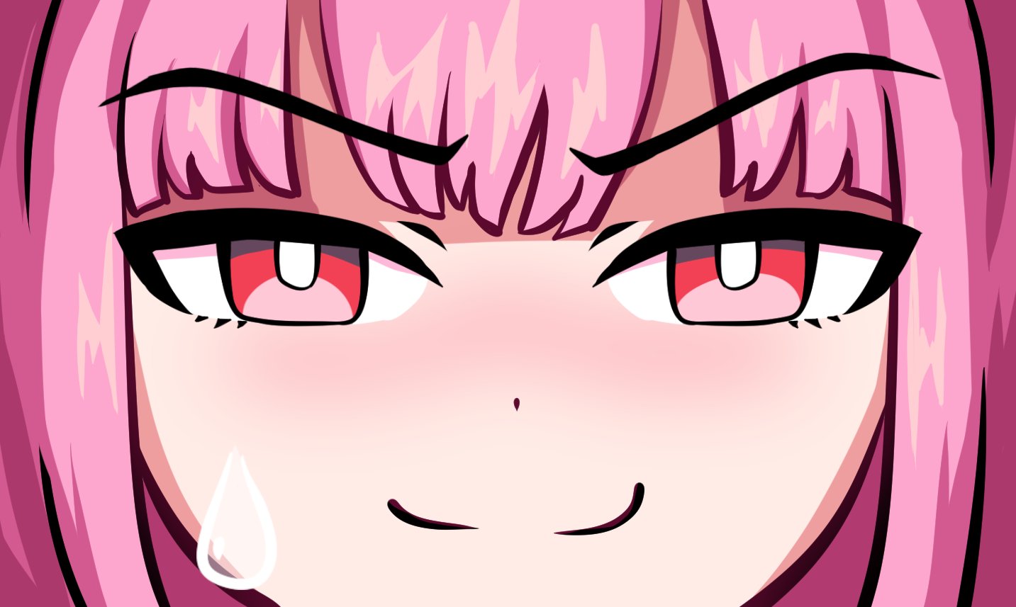 mori calliope, hololive, hololive english, 1girl, close-up, looking at viewer, meuol, pink hair, red eyes, sweatdrop, virtual youtuber