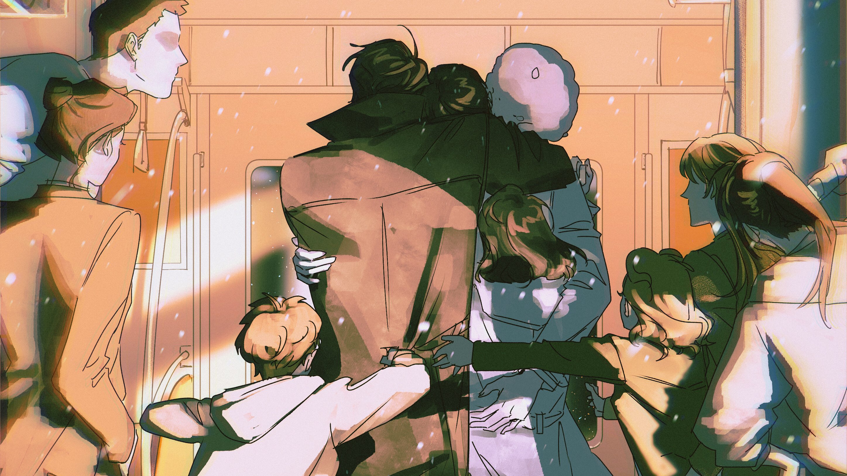 biyoo (omniscient reader's viewpoint), jung heewon, kim dokja, lee gilyoung, lee hyunsung, lee jihye, shin yoosung, yoo joonghyuk, yoo mia, yoo sangah, omniscient reader's viewpoint, highres, 4boys, 5girls, arm around shoulder, black coat, coat, dress, everyone, eyesoffyou0003, faceless, from behind, group hug, hair bun, head on another's shoulder, head tilt, hood, hood down, hoodie, hug, hug from behind, light particles, light rays, multiple boys, multiple girls, ponytail, popped collar, sideburns, walking, white coat