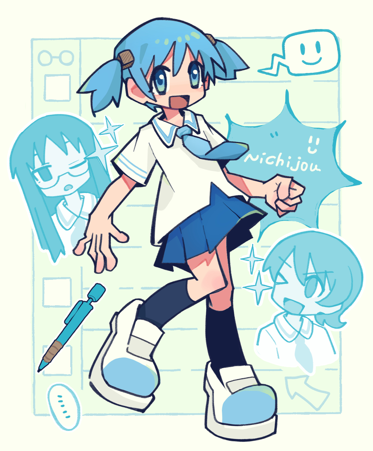 yihe mi, aioi yuuko, minakami mai, naganohara mio, nichijou, highres, 3girls, arrow (symbol), black socks, blue eyes, blue hair, blue necktie, blue skirt, clenched hand, copyright name, cropped shoulders, four-pointed star, glasses, image in speech bubble, long hair, multiple girls, necktie, one eye closed, paper background, pen, pleated skirt, school uniform, shoes, short hair, short twintails, skirt, socks, tokisadame school uniform, twintails, white shoes