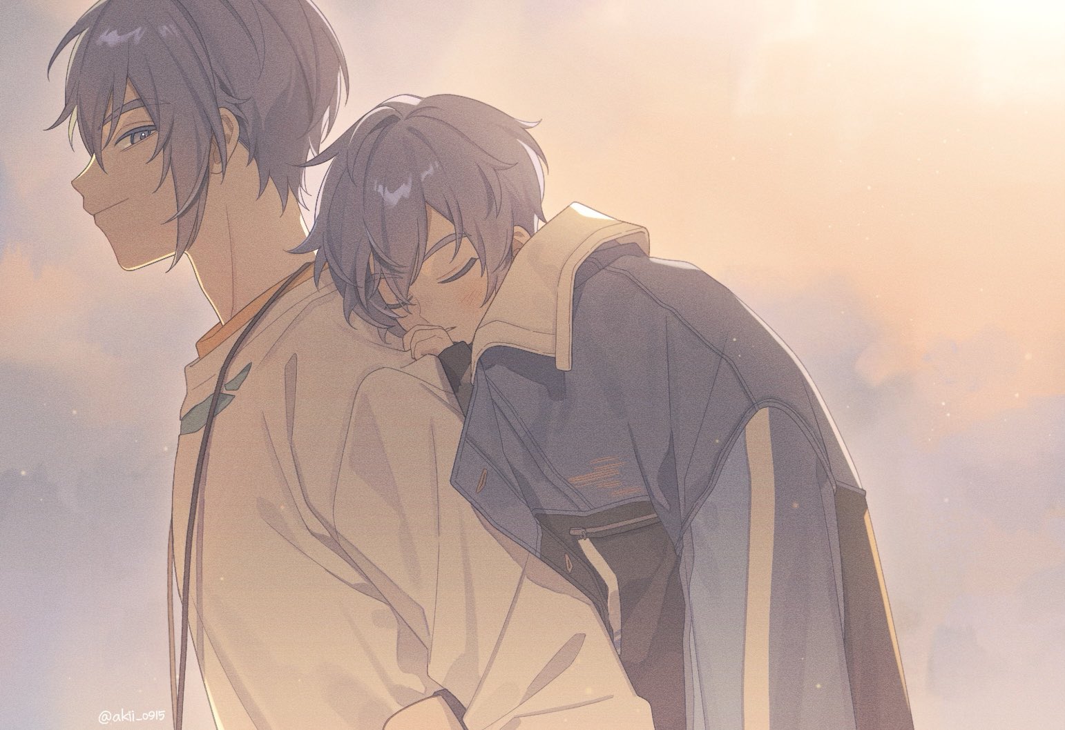 akii 0915, 25-ji kaito, kaito (vocaloid), vivid bad squad kaito, project sekai, vocaloid, commentary request, 2boys, aged down, blue eyes, blue hair, blue jacket, carrying, closed eyes, closed mouth, hair behind ear, jacket, jacket on shoulders, long sleeves, looking back, male focus, multiple boys, parted bangs, piggyback, shirt, sleeping, smile, upper body, white shirt