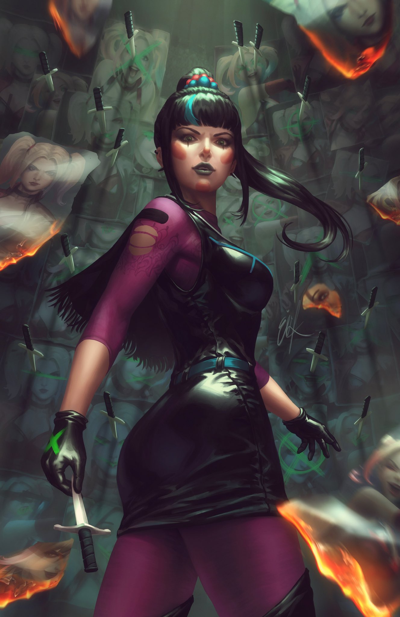 ejikure, punchline (dc), batman (series), dc comics, highres, 1girl, black dress, black gloves, black hair, blush stickers, breasts, dress, gloves, green eyes, holding, holding knife, knife, long hair, looking at viewer, medium breasts, pantyhose, ponytail, purple pantyhose, purple shirt, see-through clothes, see-through shirt, shirt, sleeveless, sleeveless dress, solo, torn clothes, torn shirt