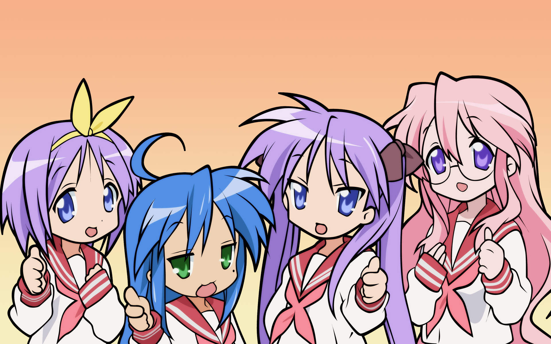 hiiragi kagami, hiiragi tsukasa, izumi konata, takara miyuki, lucky star, derivative work, highres, vector trace, 00s, 4girls, mole, mole under eye, multiple girls, school uniform, serafuku, siblings, sisters, twins