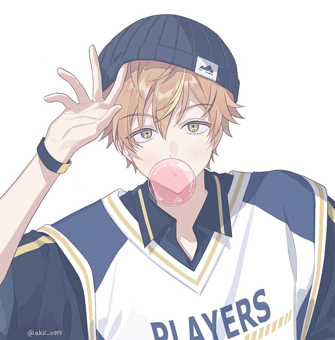akii 0915, shinonome akito, project sekai, commentary request, arm up, beanie, black hat, blowing bubble gum, chewing gum, collared shirt, dot nose, english text, hat, looking at viewer, male focus, multicolored hair, orange eyes, orange hair, print shirt, shirt, short hair, simple background, streaked hair, two-tone shirt, white background, wing collar, wristband