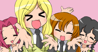 kouzuki kallen, milly ashford, nina einstein, shirley fenette, code geass, lucky star, motteke! serafuku, lowres, parody