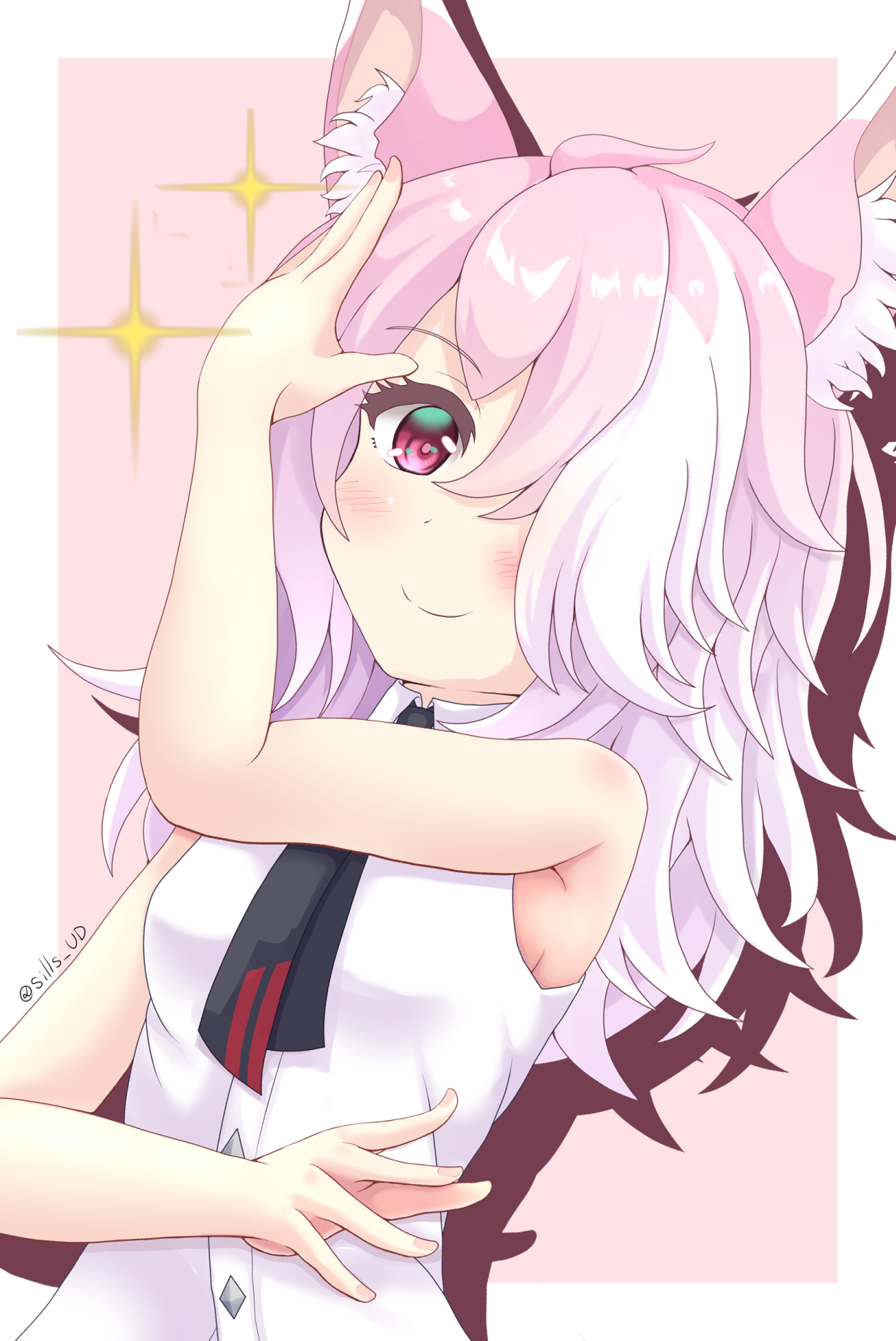 sills, original, highres, pose request, 1girl, animal ear fluff, animal ears, arm up, bare arms, bare shoulders, blush, border, breasts, closed mouth, drop shadow, hair over one eye, multicolored hair, pink background, pink hair, red eyes, shirt, sleeveless, sleeveless shirt, small breasts, smile, solo, sparkle, twitter username, two-tone hair, upper body, white border, white hair, white shirt
