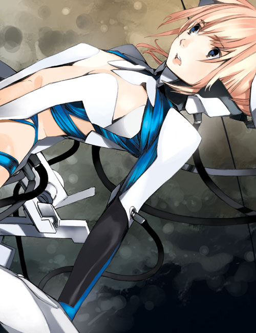 houden eizou, original, uniform, wall, rotated, 1girl, :o, blonde hair, blue eyes, bodysuit, breasts, cleavage, cowboy shot, female focus, indoors, long sleeves, open mouth, revealing clothes, short hair, small breasts, solo