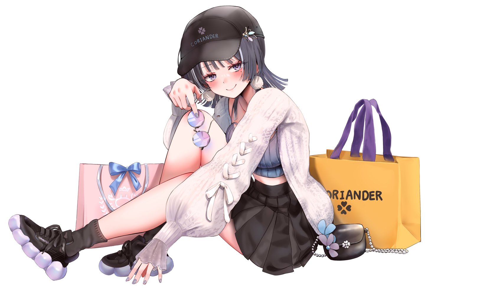 narushima kanna, indie virtual youtuber, commentary request, highres, 1girl, black eyes, black hair, black hat, black shoes, black skirt, black socks, blue sweater, blush, cardigan, closed mouth, collarbone, full body, hair ornament, hat, holding, holding removed eyewear, long sleeves, looking at viewer, medium hair, minami pakuchi, mole, mole under eye, open cardigan, open clothes, ribbed sweater, shoes, simple background, sitting, skirt, socks, solo, sweater, thighs, unworn eyewear, virtual youtuber, white background, white cardigan