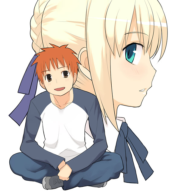 nora higuma, artoria pendragon (fate), emiya shirou, saber (fate), fate/stay night, fate (series), 00s, 1boy, 1girl, black eyes, blonde hair, from side, green eyes, indian style, long sleeves, looking at viewer, looking to the side, orange hair, profile, raglan sleeves, shirt, simple background, sitting, spiked hair, spread legs, t-shirt, white background