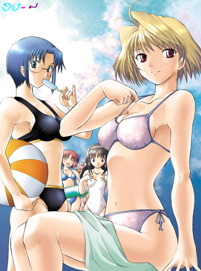 arcueid brunestud, ciel (tsukihime), hisui (tsukihime), kohaku (tsukihime), tohno akiha, tsukihime, 00s, 5girls, ball, beachball, bikini, blonde hair, blue hair, breast envy, breasts, brown hair, day, food, glasses, large breasts, multiple girls, popsicle, red eyes, red hair, short hair, siblings, side-tie bikini bottom, sisters, swimsuit, twins