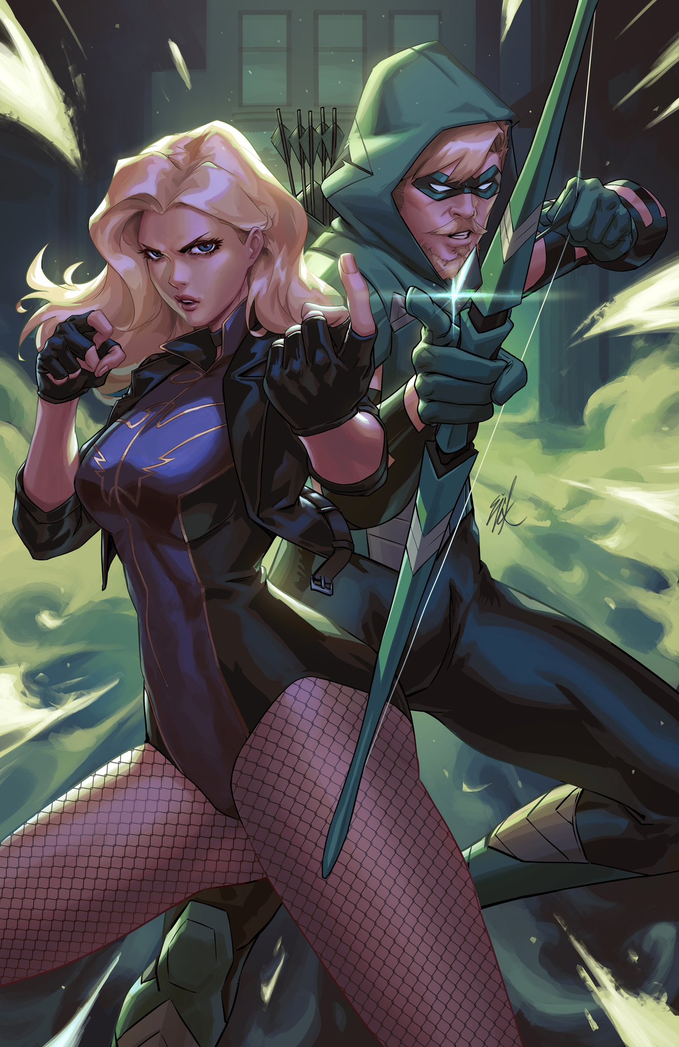 ejikure, black canary, green arrow, dc comics, highres, 1boy, 1girl, aiming, beard, black gloves, black jacket, blonde hair, blue eyes, bow (weapon), cropped jacket, domino mask, facial hair, fingerless gloves, fishnet pantyhose, fishnets, gloves, green gloves, green hood, green mask, holding, holding bow (weapon), holding weapon, jacket, long hair, looking at viewer, mask, mustache, open clothes, open jacket, pantyhose, signature, weapon
