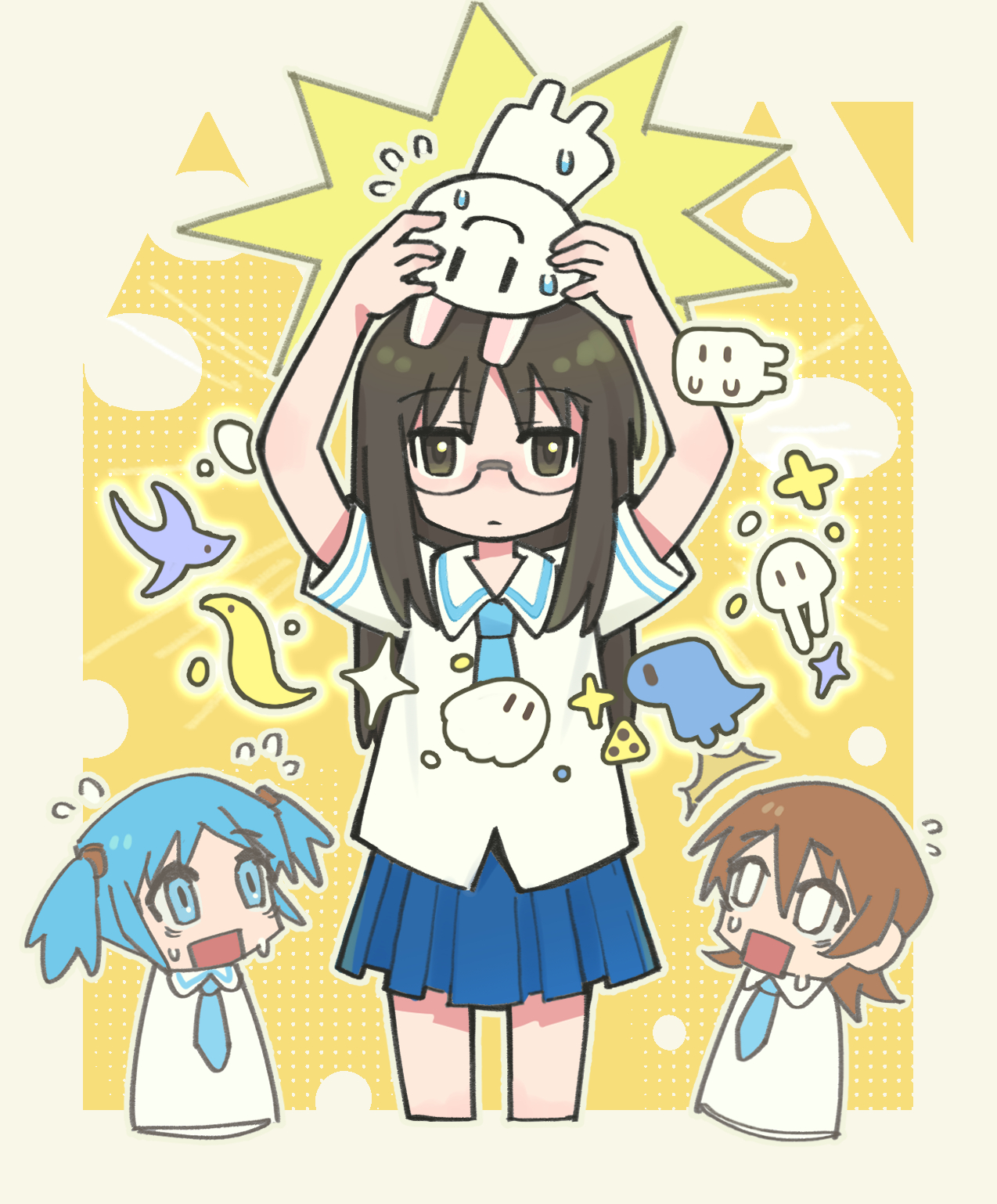 yihe mi, aioi yuuko, minakami mai, mogura (nichijou), naganohara mio, nichijou, highres, 3girls, ben-day dots, blue eyes, blue hair, blue necktie, blue skirt, brown eyes, brown hair, creature, cropped legs, cropped torso, expressionless, flying sweatdrops, glasses, holding, holding creature, long hair, multiple girls, necktie, open mouth, pleated skirt, rectangular mouth, school uniform, screentones, short twintails, skirt, tokisadame school uniform, twintails
