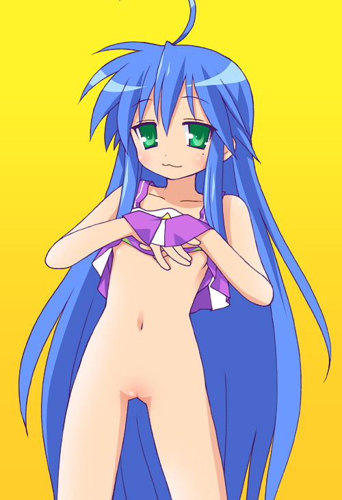 kuroda akimi, izumi konata, lucky star, tagme, 00s, 1girl, bottomless, breasts, cheerleader, chomo yama, cleft of venus, clothes lift, female focus, loli, long hair, mole, mole under eye, no panties, pussy, skirt, skirt lift, solo, uncensored, underboob