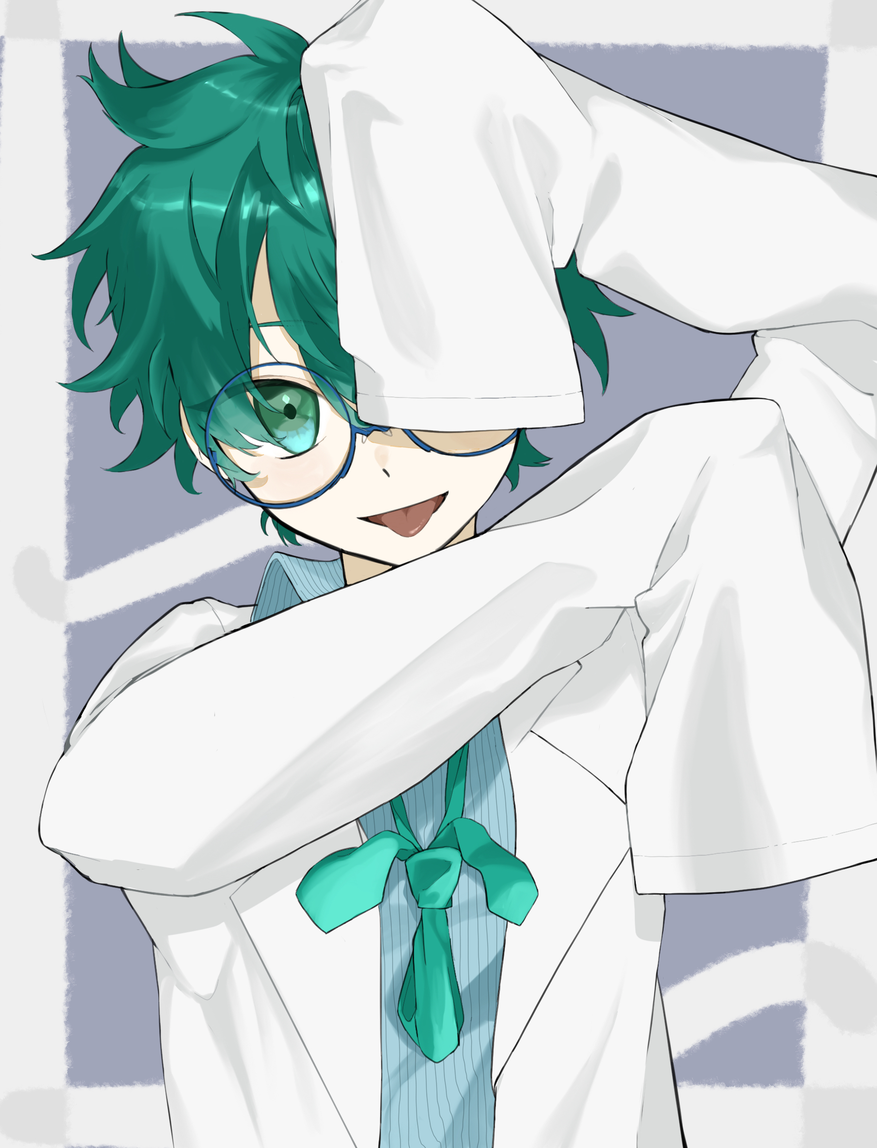 igurumi 00128, hans christian andersen (fate), fate/grand order, fate (series), highres, 1boy, blue shirt, border, bow, coat, glasses, green bow, green eyes, green hair, looking at viewer, male focus, shirt, sleeves past wrists, solo, striped clothes, striped shirt, tongue, tongue out, upper body, white border, white coat