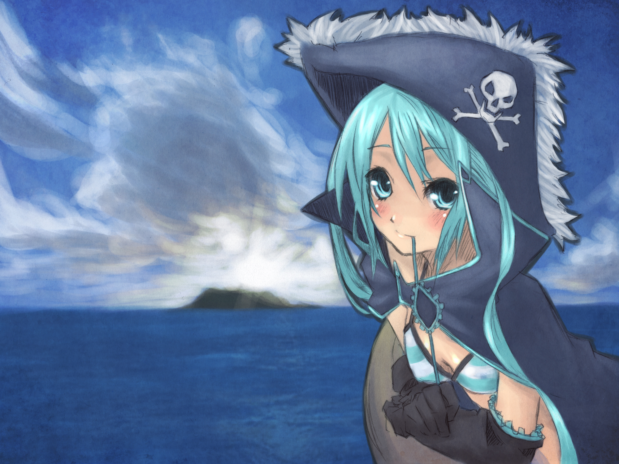 miyamae porin, hatsune miku, vocaloid, bad id, bad pixiv id, highres, alternate costume, aqua eyes, aqua hair, black gloves, blue sky, blush, breasts, cape, cleavage, cloud, cloudy sky, day, elbow gloves, gloves, hat, horizon, island, jolly roger, long hair, looking at viewer, outdoors, pirate costume, pirate hat, sky, small breasts, solo