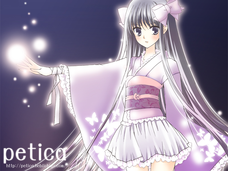 mika mikan, original, 1girl, female focus, grey eyes, grey hair, japanese clothes, kimono, kimono skirt, long hair, solo, very long hair