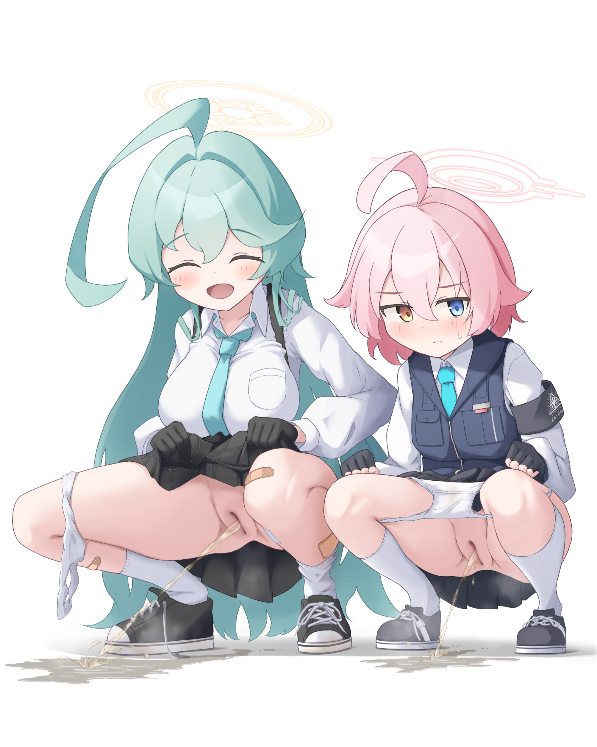 udonko (tinanago7715), hoshino (blue archive), yume (blue archive), blue archive, 2girls, ahoge, aqua hair, armband, bandaid, bandaid on leg, black gloves, black skirt, blue eyes, blue necktie, blush, cleft of venus, closed eyes, gloves, halo, heterochromia, long hair, multiple girls, necktie, open mouth, panties, panties around leg, panty pull, peeing, peeing together, pink hair, puddle, pussy, shirt, shoes, skirt, socks, squatting, steam, uncensored, underwear, very long hair, vest, white background, white panties, white shirt, yellow eyes