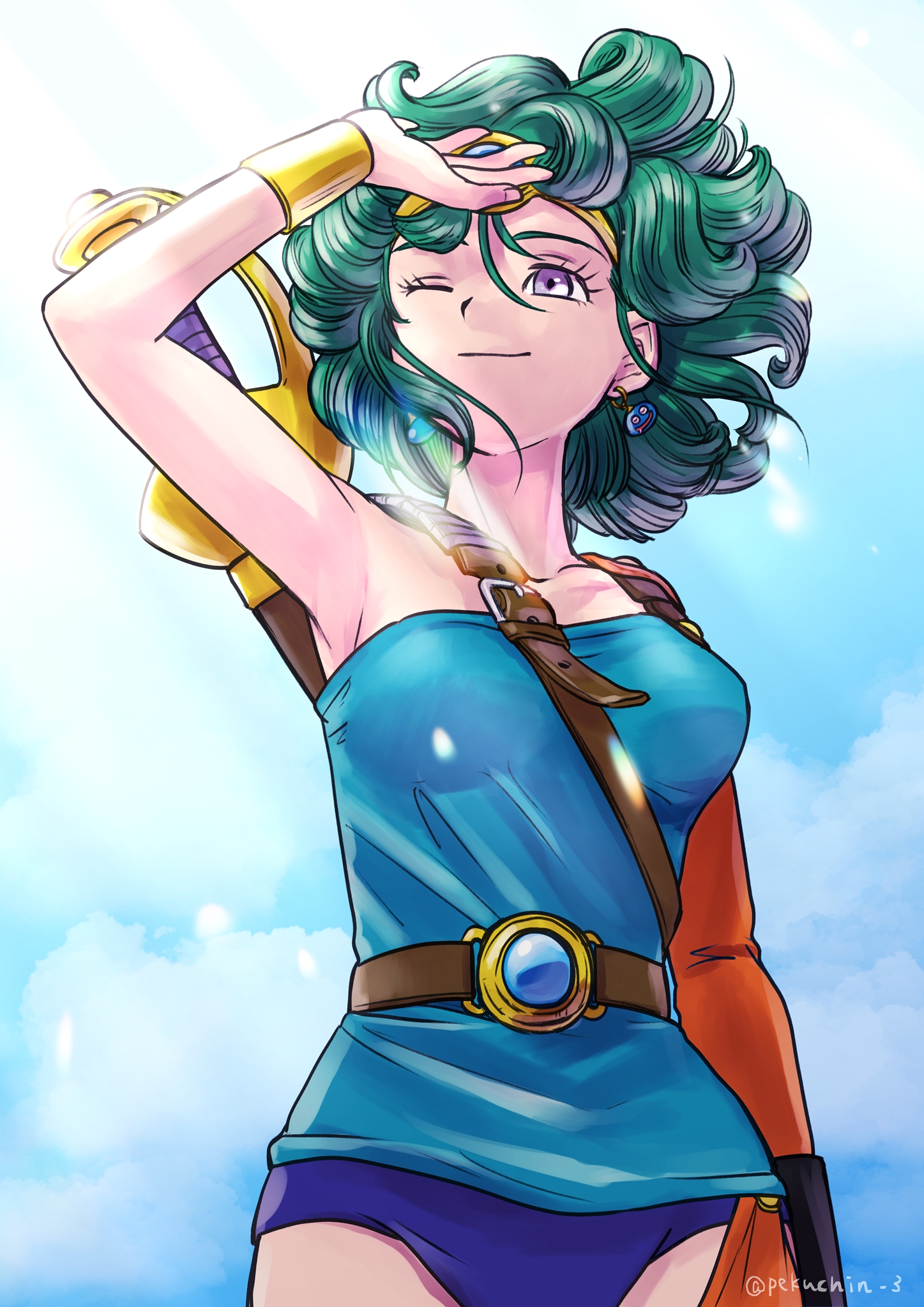 pekuchin (pekuchin 3), heroine (dq4), slime (dragon quest), dragon quest, dragon quest iv, commentary request, highres, 1girl, aqua shirt, belt, black gloves, blue sky, bracer, breasts, briefs, character ear piercing, circlet, cowboy shot, curly hair, earrings, gloves, gold bracer, gold circlet, jewelry, looking up, male underwear, medium breasts, one eye closed, orange sleeves, orange thighhighs, purple eyes, shirt, short hair, single bracer, single glove, single sleeve, single thighhigh, sky, solo, strapless, strapless shirt, sword, sword on back, thighhighs, underwear, weapon, weapon on back