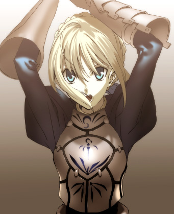 morii shizuki, artoria pendragon (fate), saber (fate), fate/stay night, fate (series), lowres, 00s, armor, blonde hair, braid, braided bun, hair bun, solo