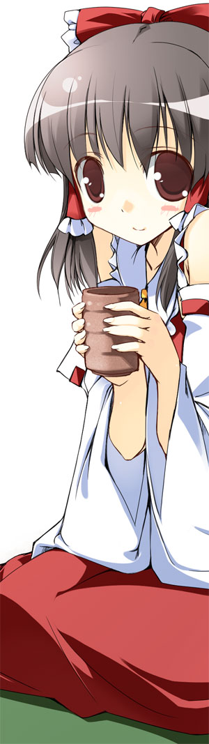 jirou (chekoro), hakurei reimu, touhou, long image, tall image, 1girl, ascot, black hair, bow, brown eyes, cup, detached sleeves, female focus, hair bow, hair tubes, looking at viewer, red bow, red ribbon, red skirt, ribbon, ribbon-trimmed sleeves, ribbon trim, sidelocks, simple background, sitting, skirt, solo, tea, teacup, white background, wide sleeves, yunomi