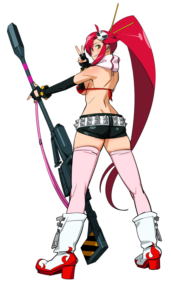 bobobo, yoko littner, tengen toppa gurren lagann, 00s, 1girl, anti-materiel rifle, belt, bikini, bikini top only, boots, breasts, chopsticks, female focus, gun, hair ornament, hairclip, legs, long hair, long legs, looking back, pink thighhighs, ponytail, red hair, rifle, short shorts, shorts, sideboob, skull, skull hair ornament, sniper rifle, solo, studded belt, swimsuit, thighhighs, thighs, underboob, v, weapon, zipper